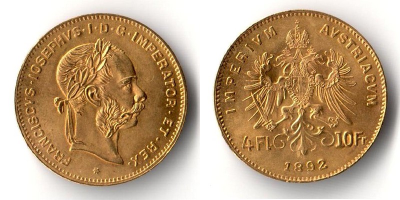 Österreich  4 Florin - 10 Francs  1892 MM-Frankfurt   Feingold: 2,9g   