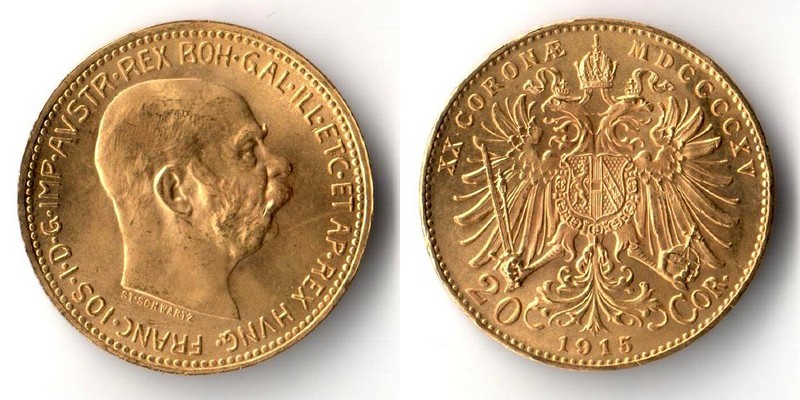 Österreich   20 Kronen  1915 MM-Frankfurt Feingold: 6,10g Franz Joseph I.  