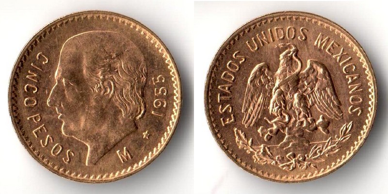 Mexiko  5 Pesos  1955 MM-Frankfurt Feingold: 3,75g Miguel Hidalgo y Costilla  
