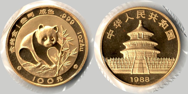 China  100 Yuan  1988 MM-Frankfurt Feingold: 31,1g Panda mit Bambus  