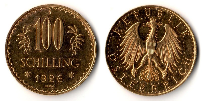 Österreich  100 Schilling  1926 MM-Frankfurt Feingold: 21,17g Adler mit Mauerkrone und Landeswappen  