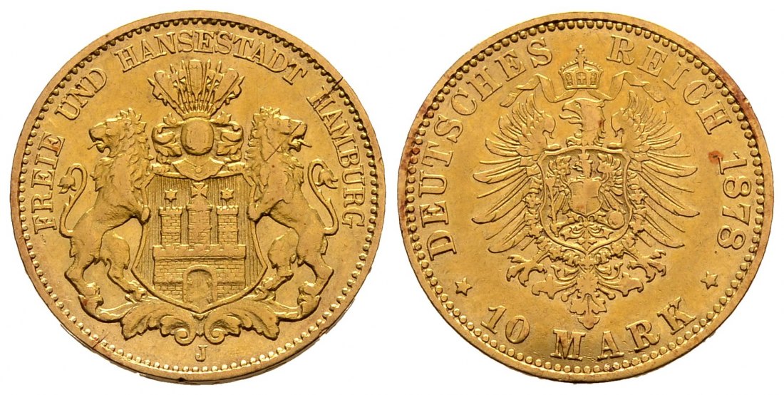 PEUS 2433 Kaiserreich - Hamburg 3,58 g Feingold. Stadtwappen - Kleiner Adler 10 Mark GOLD 1878 J Kratzer, Sehr schön