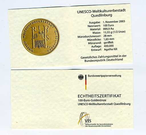  Zertifikat Original für 100 Euro Goldmünze 2003 Quedlinburg nur Zertifikat   