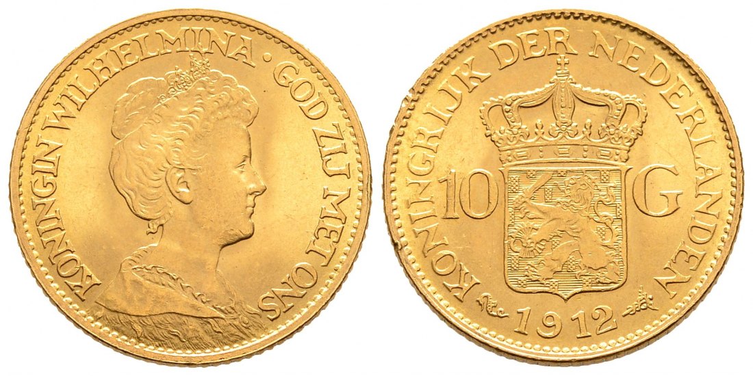 PEUS 2510 Niederlande 6,06 g Feingold. Wilhelmina (1890 - 1948) 10 Gulden GOLD 1912 Kl. Kratzer + Randfehler, fastVorzüglich