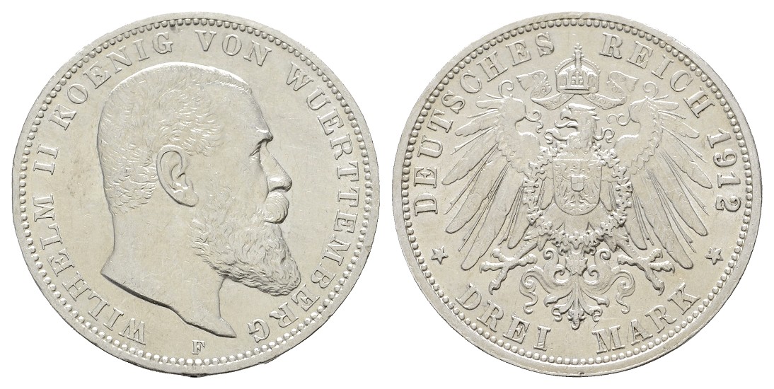  Linnartz KAISERREICH Württemberg Wilhelm II. 3 Mark 1912 vz-stgl   