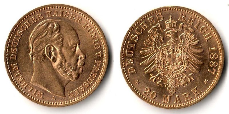 Preussen, Kaiserreich  1887 A  20 Mark MM-Frankfurt Feingold: 7,17g Wilhelm I. 1861-1988  