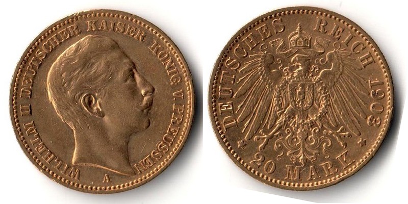 Preussen, Kaiserreich  20 Mark  1903 A MM-Frankfurt Feingold: 7,17g Wilhelm II.  1891 - 1918  