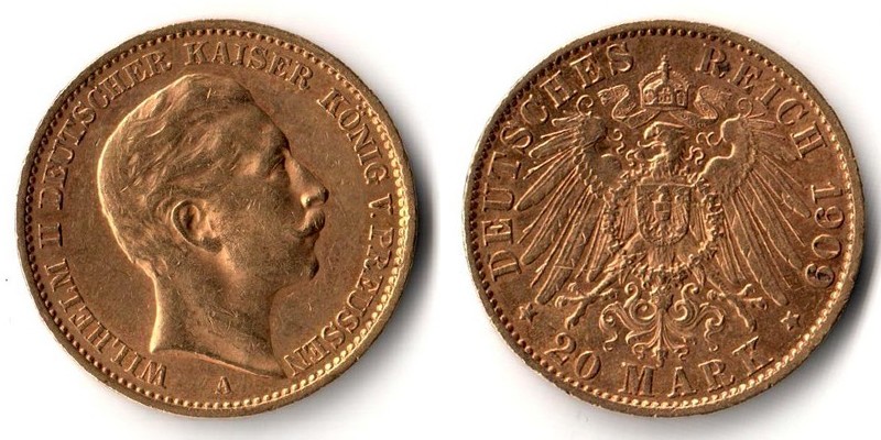 Preussen, Kaiserreich  20 Mark  1909 A MM-Frankfurt Feingold: 7,17g Wilhelm II.  1888 - 1918  