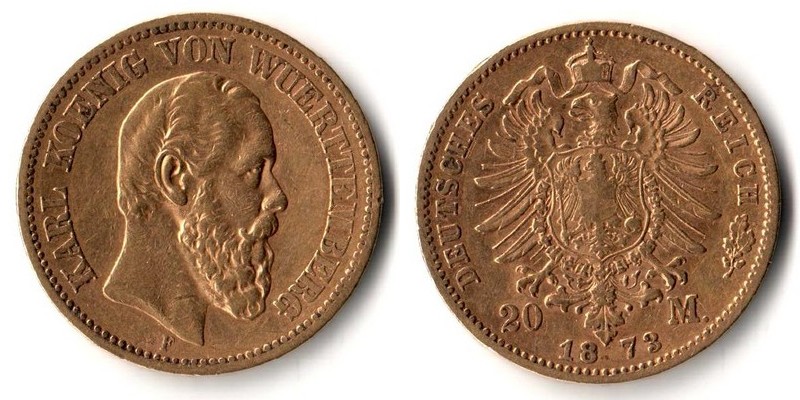 Württemberg, Kaiserreich  20 Mark 1873 F MM-Frankfurt Feingold: 7,17g Karl 1864-1891  