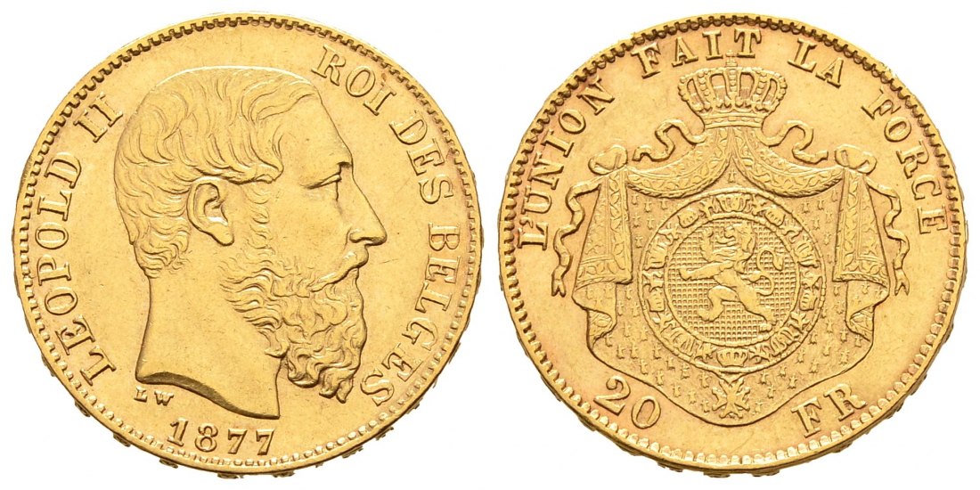 PEUS 2530 Belgien 5,81 g Feingold. Leopold II. (1865-1909) 20 Francs GOLD 1877 Sehr schön