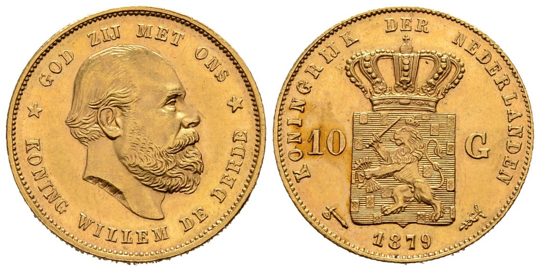 PEUS 2537 Niederlande 6,06 g Feingold. Wilhelm III. (1849 - 1890) 10 Gulden GOLD 1879 Utrecht Kl. Kratzer, fast Vorzüglich