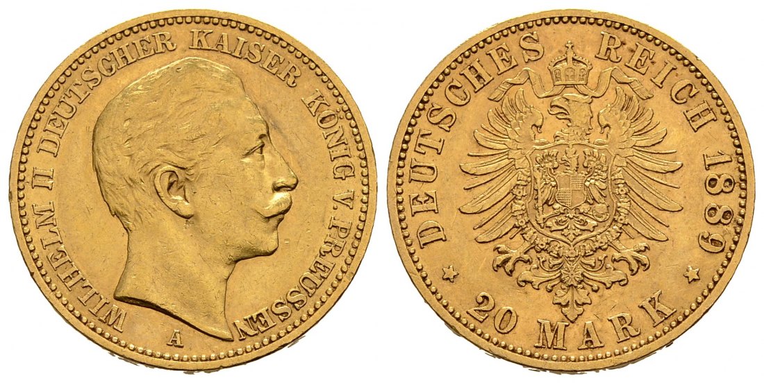 PEUS 2539 Preußen - Kaiserreich 7,16 g Feingold. Wilhelm II. (1888 - 1918) 20 Mark GOLD 1889 A Sehr schön