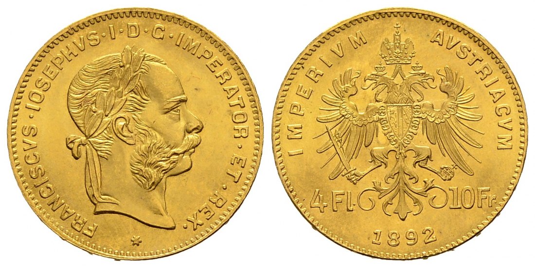PEUS 2540 Österreich 2,9 g Feingold. Franz Joseph I. (1848 - 1916) 4 Gulden (NP) GOLD 1892 Stempelglanz