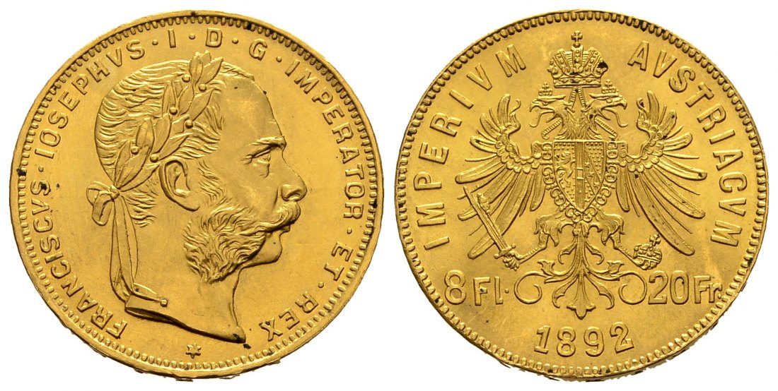PEUS 2107 Österreich 5,81 g Feingold. Franz Joseph I. (1848 - 1916) 8 Gulden (NP) GOLD 1892 Kl. Kratzer, fast Stempelglanz