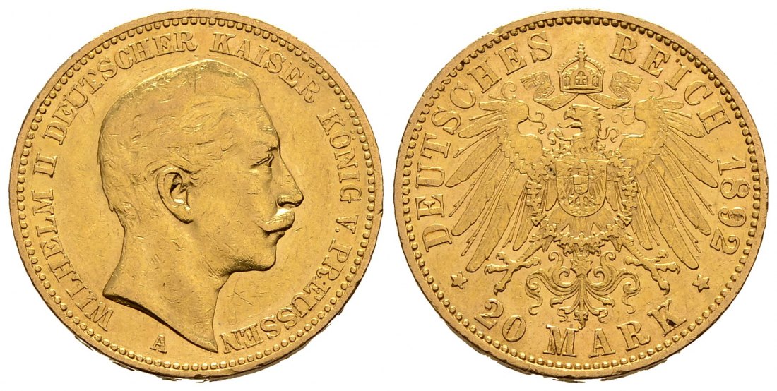 PEUS 2542 Kaiserreich - Preußen 7,16 g Feingold. Wilhelm II. (1888 - 1918) 20 Mark Gold 1892 A Sehr schön