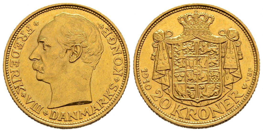 PEUS 2543 Dänemark 8,06 g Feingold. Frederik VIII. (1906 - 1912) 20 Kronen GOLD 1910 VBP Kl.Kratzer, fast Vorzüglich