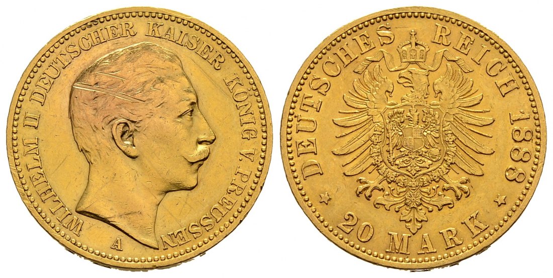 PEUS 2545 Preußen - Kaiserreich 7,17 g Feingold. Wilhelm II. (1888 - 1918) 20 Mark GOLD 1888 A Kratzer, Sehr schön / fast Vorzüglich