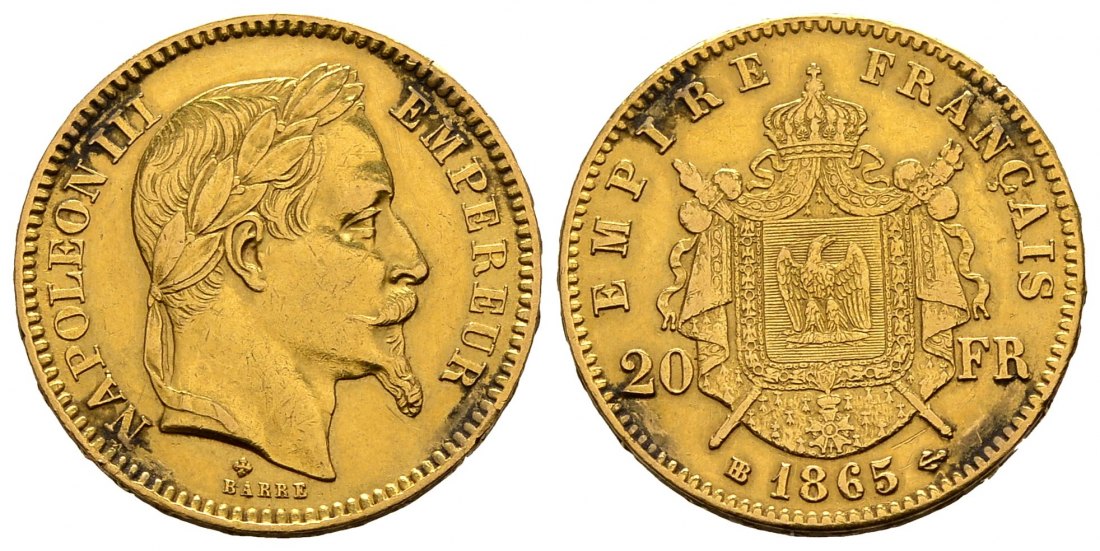 PEUS 2548 Frankreich 5,81 g Feingold. Napoleon III. (1852-1870) 20 Francs GOLD 1865 BB Fassungsspuren, Sehr schön