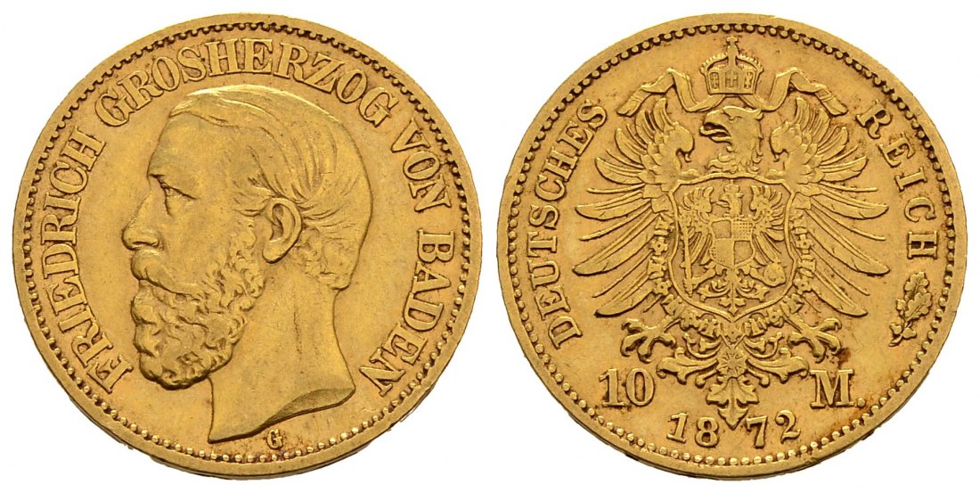 PEUS 2554 Baden - Kaiserreich 3,58 g Feingold. Friedrich I. (1852 - 1907) 10 Mark GOLD 1872 G Karlsruhe Sehr schön