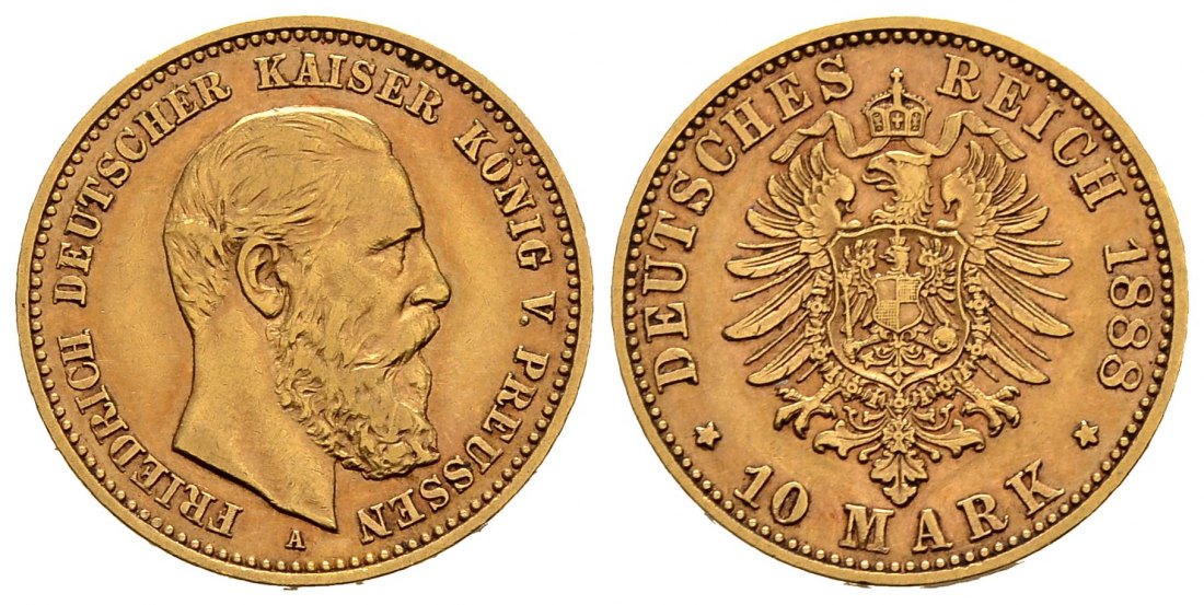 PEUS 2555 Kaiserreich - Preußen 3,58 g Feingold. Friedrich III. (09.03.- 15.06.1888) 10 Mark GOLD 1888 A Sehr schön