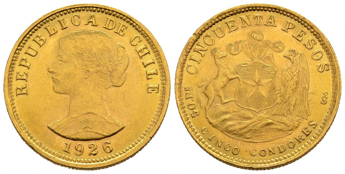 PEUS 2556 Chile 9,15 g Feingold 50 Pesos GOLD 1926 Sehr schön