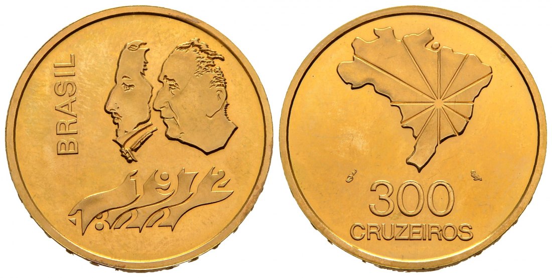 PEUS 2557 Brasilien 15,32 g Feingold. 150. Jahrestag der Unabhängigkeit 300 Cruzeiros GOLD 1972 Impaired Proof / Vorzüglich aus PP