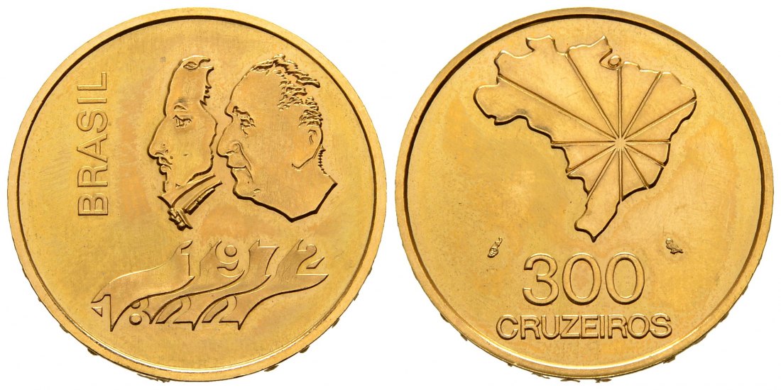 PEUS 2558 Brasilien 15,32 g Feingold. 150. Jahrestag der Unabhängigkeit 300 Cruzeiros GOLD 1972 Impaired Proof / Vorzüglich aus PP