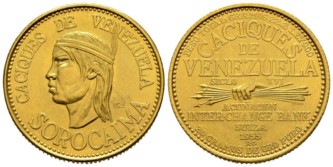 PEUS 2559 Venezuela 20 g Feingold. Caciques de Venezuela - Häuptling Sorocaima 60 Bolivares GOLD 1955 Kl. Kratzer, Vorzüglich