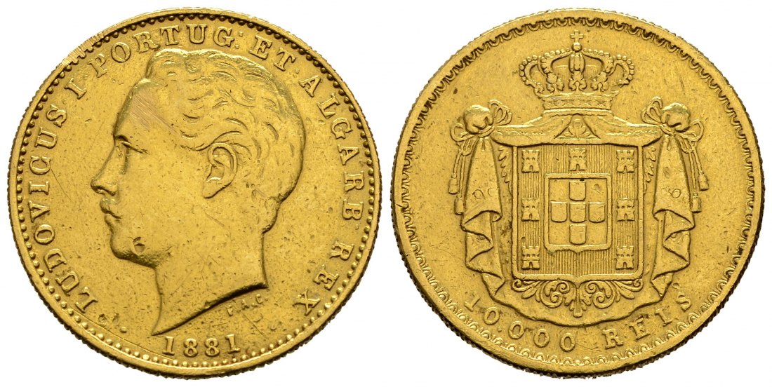 PEUS 2560 Portugal 16,26 g Feingold. Ludwig I. (1861 - 1889) 10.000 Reis GOLD 1881 Fast Sehr schön