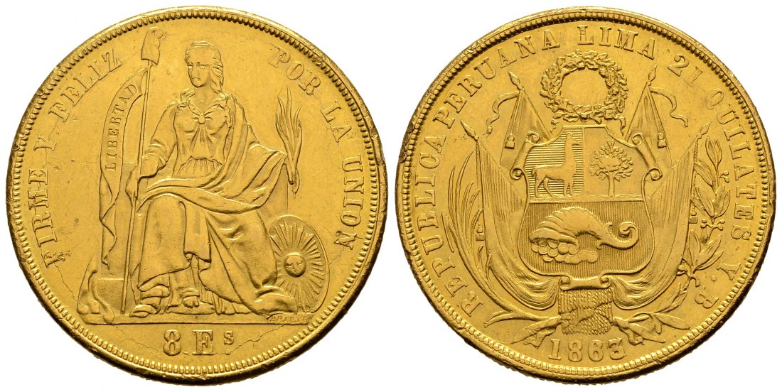 PEUS 2561 Peru 23,63 g Feingold. Sitzende Liberty 8 Escudos GOLD 1863 YB Randfehler, Sehr schön