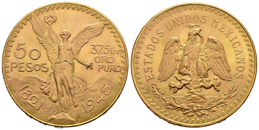 PEUS 2564 Mexiko 37,5 g Feingold. 50 Pesos GOLD 1945 Kl. Kratzer, Vorzüglich +