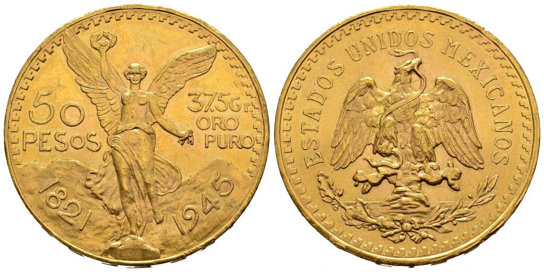 PEUS 2565 Mexiko 37,5 g Feingold. 50 Pesos GOLD 1945 Kl. Kratzer, fast Vorzüglich