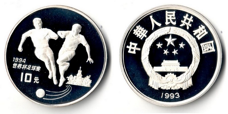  China  10 Yuan 1993   Weltmeisterschaft Fußball 1994    FM-Frankfurt Feinsilber: 21,83g   