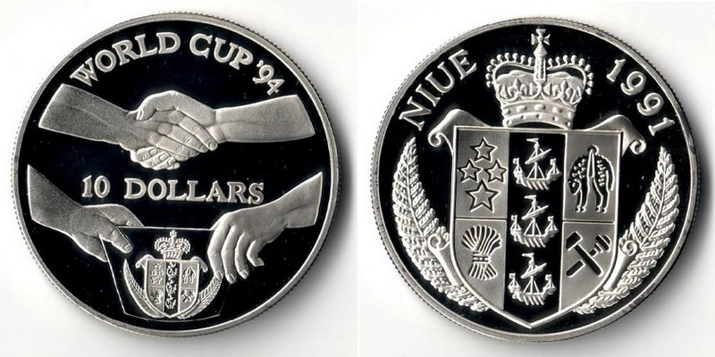  Niue  10 Dollar  1991  Fußballweltmeisterschaft - Händedruck     FM-Frankfurt     Feinsilber: 31,5g   