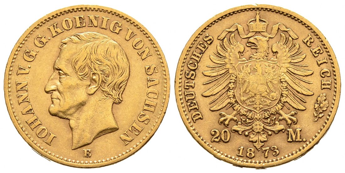 PEUS 2570 Sachsen - Kaiserreich 7,16 g Feingold. Johann (1854 - 1873). Große Buchstaben 20 Mark GOLD 1873 E Sehr schön