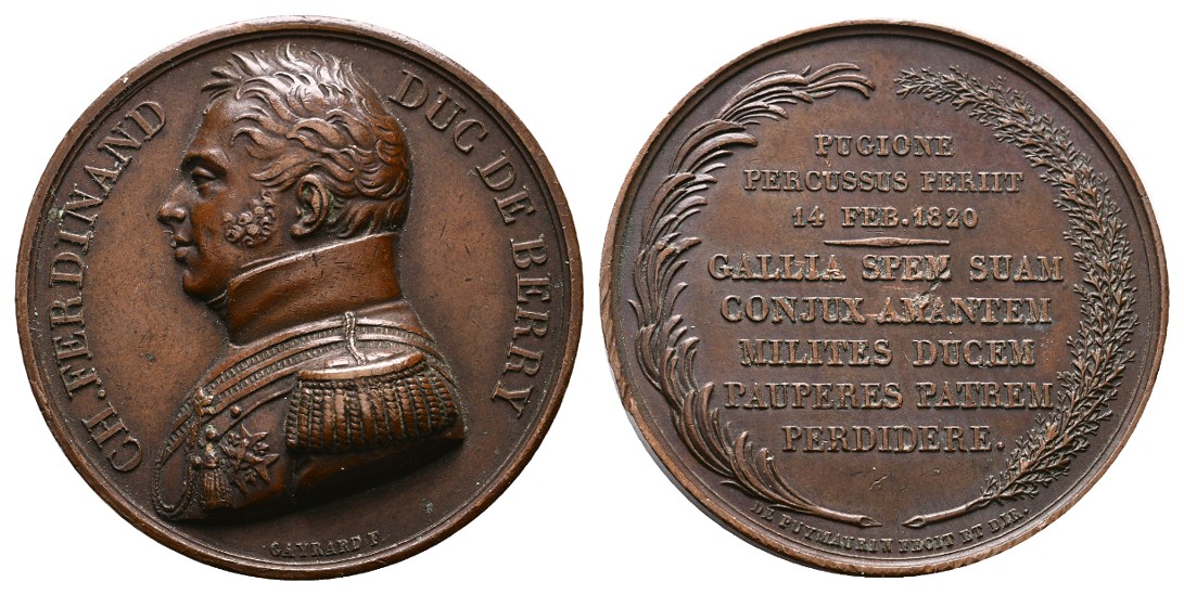  Linnartz Frankreich Charles Ferdinand Duc de Berry Bronzemedaille 1820(Gayrard) ss-vz Gewicht: 39,2g   