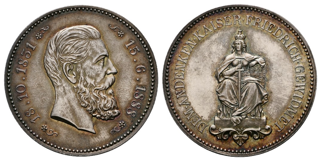  Linnartz Preussen Silbermedaille o.J. (1888) a.d. Tod Friedrich III. Patina vz+ Gewicht: 36,7g   