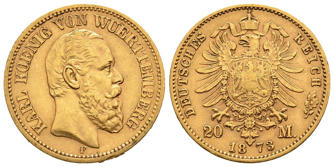 PEUS 2571 Kaiserreich - Württemberg 7,17 g Feingold. Karl (1864 - 1891) 20 Mark GOLD 1873 F Stuttgart Sehr schön