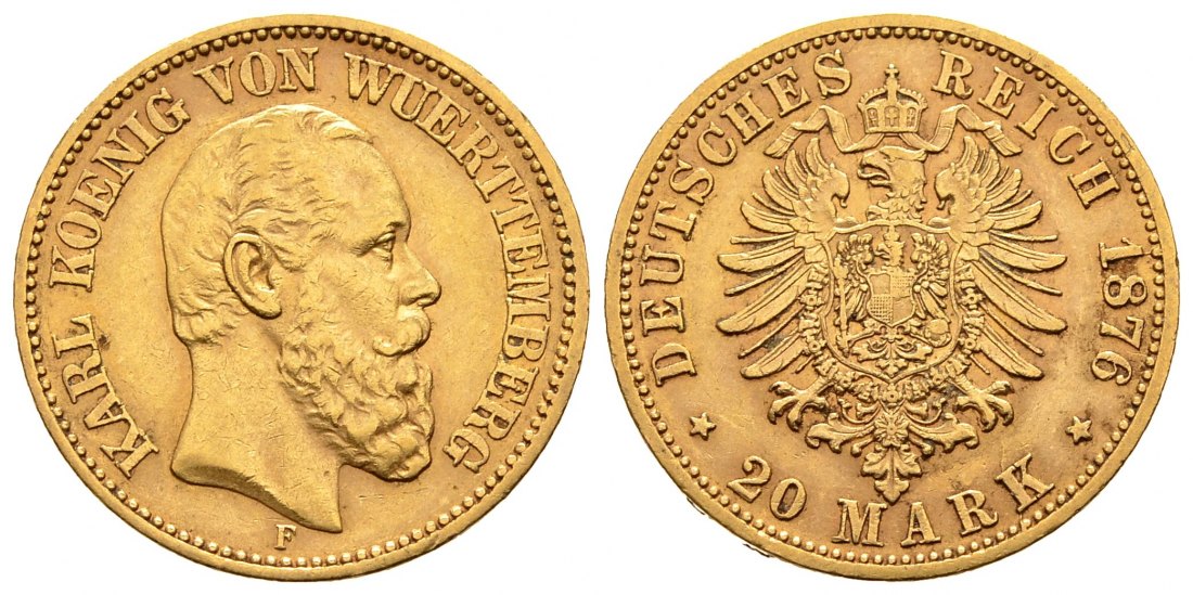 PEUS 2572 Kaiserreich - Württemberg 7,17 g Feingold. Karl (1864 - 1891) 20 Mark GOLD 1876 F Stuttgart Sehr schön