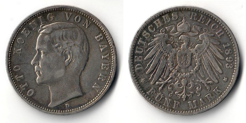  Bayern, Kaiserreich  5 Mark  1893 D  Otto 1886-1913   FM-Frankfurt   Feinsilber: 25g   