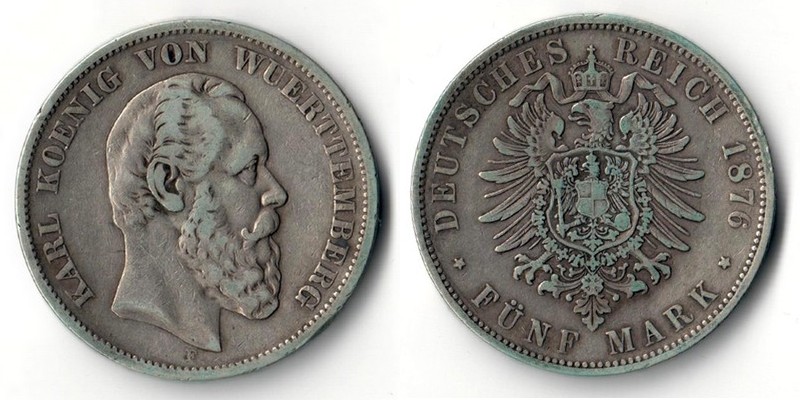  Württemberg, Kaiserreich  5 Mark  1876 F    Karl I. 1864-1891   FM-Frankfurt    Feinsilber: 25g   