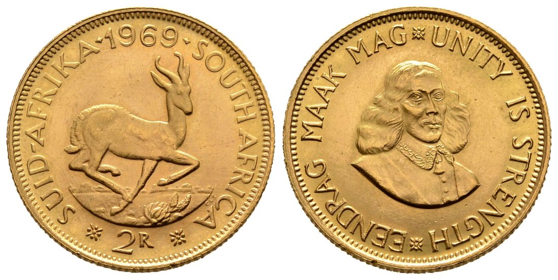 PEUS 2580 Südafrika 7,32 g Feingold 2 Rand GOLD 1969 Vorzüglich