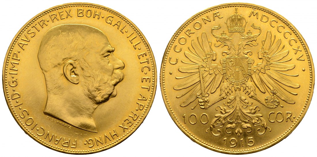 PEUS 2583 Österreich 30,49 g Feingold. Franz Joseph (1848-1916) 100 Kronen (off.NP) GOLD 1915 Stempelglanz