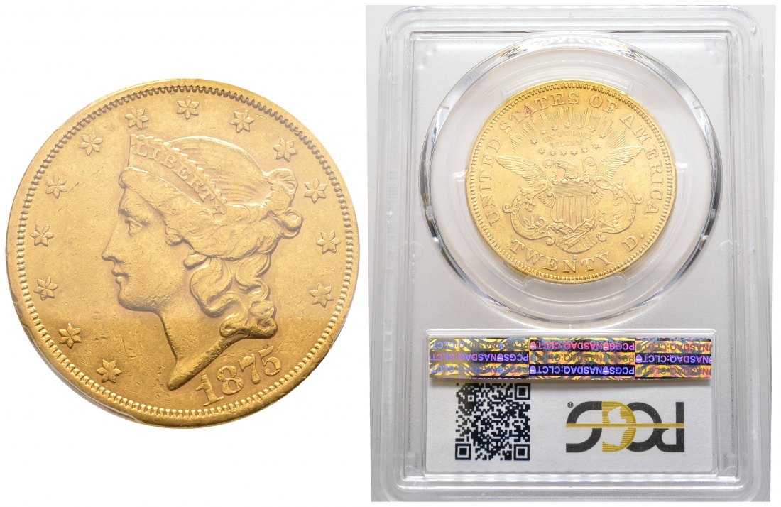 PEUS 2578 USA 30,1 g Feingold. Coronet Head in US-Plastic Holder 20 Dollars GOLD 1875 S PCGS AU55 / Sehr schön