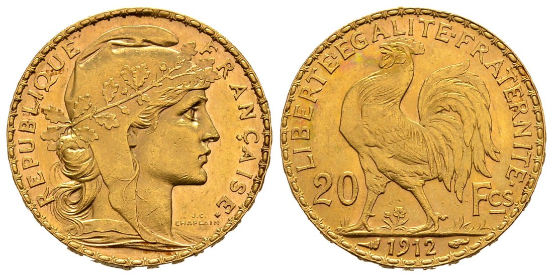 PEUS 2584 Frankreich 5,81 g Feingold. Marianne 20 Francs GOLD 1912 Kl. Kratzer, fast Vorzüglich