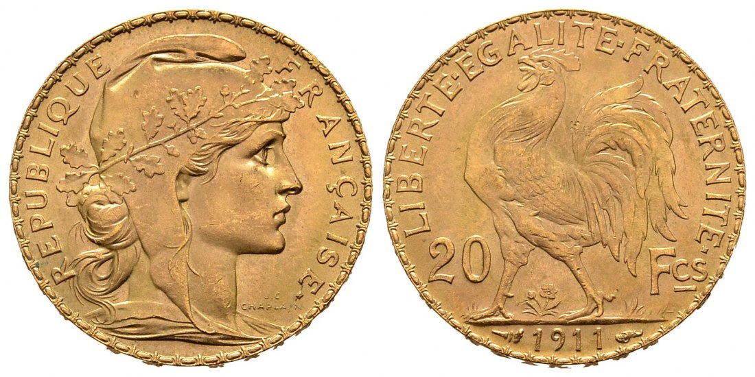 PEUS 2585 Frankreich 5,81 g Feingold. Marianne 20 Francs GOLD 1911 Kl. Kratzer, fast Vorzüglich