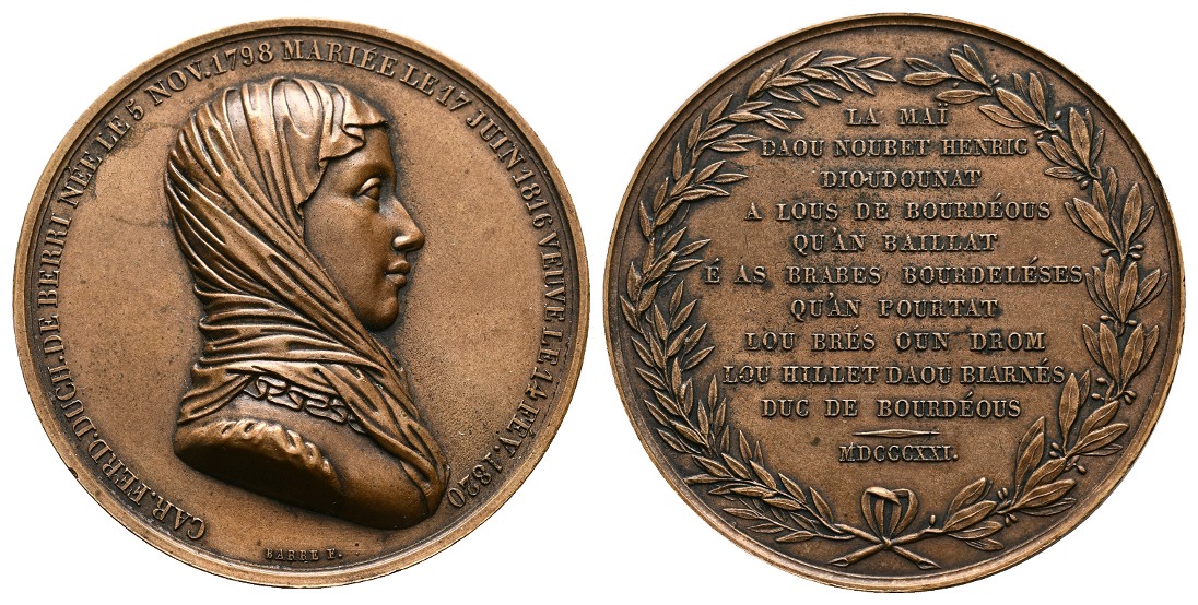  Linnartz Frankreich Bronzemedaille 1821(Barre) Marie Caroline Ferdinande von Berry vz Gewicht: 67,3g   