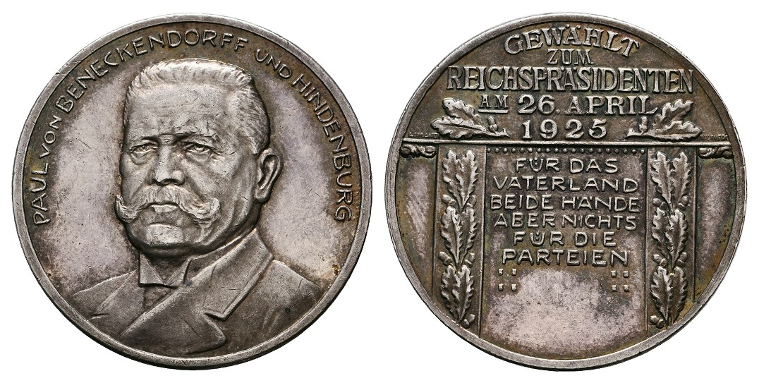  Linnartz Hindenburg Silbermedaille 1925 a.s. Wahl zum Reichspräsidenten ss Gewicht: 14,4g   