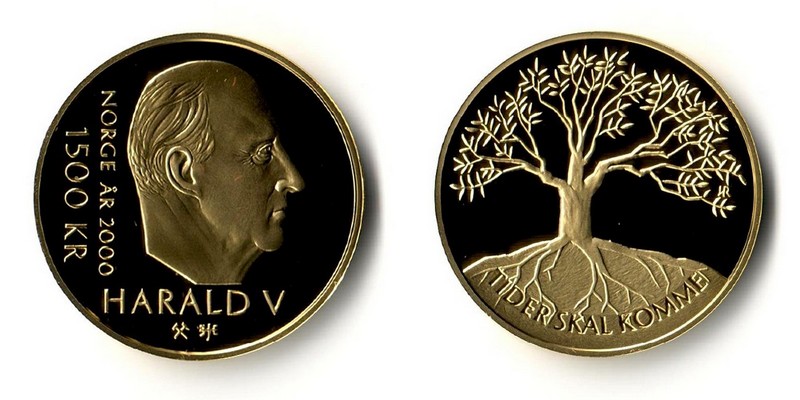 Norwegen 1500 Kronen  2000 MM-Frankfurt  Feingold: 15,55g Bäume und Wurzeln  