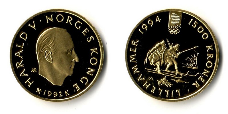 Norwegen 1500 Kronen  1992 MM-Frankfurt  Feingold: 15,56g Olympia 1994  